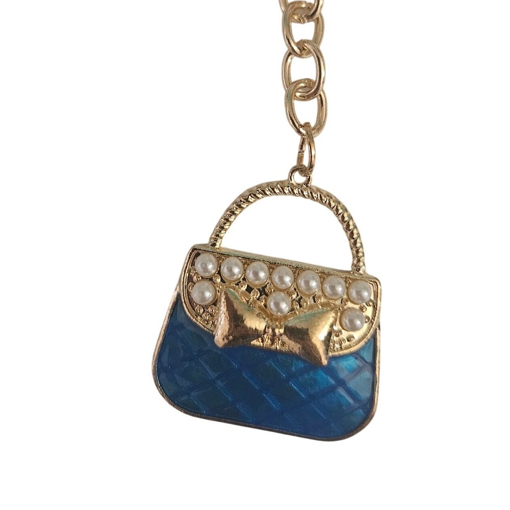 Gold‎ Tone Blue Handbag Charm Faux Pearl Bow Keychain Bag Charm